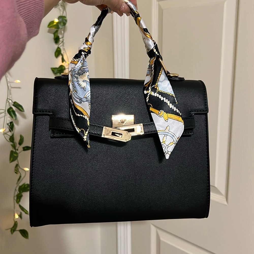 Classic Black Structured Top-Handle Satchel Crossbody Bag with Scarf Accent